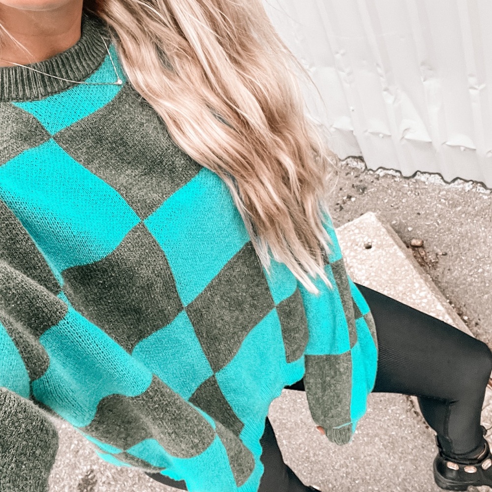 Oversized Checkerboard Crewneck Sweater in Teal & Green